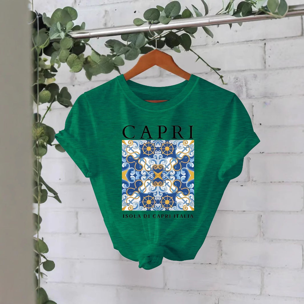CAPRI Pattern Loose Short Sleeve Round Neck T-shirt
