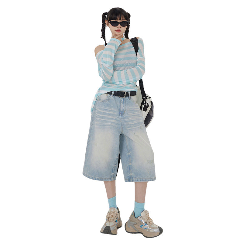 Women's  Loose Wide-Leg Jeans High-Waist Straight Leg Pants with  Frayed Details