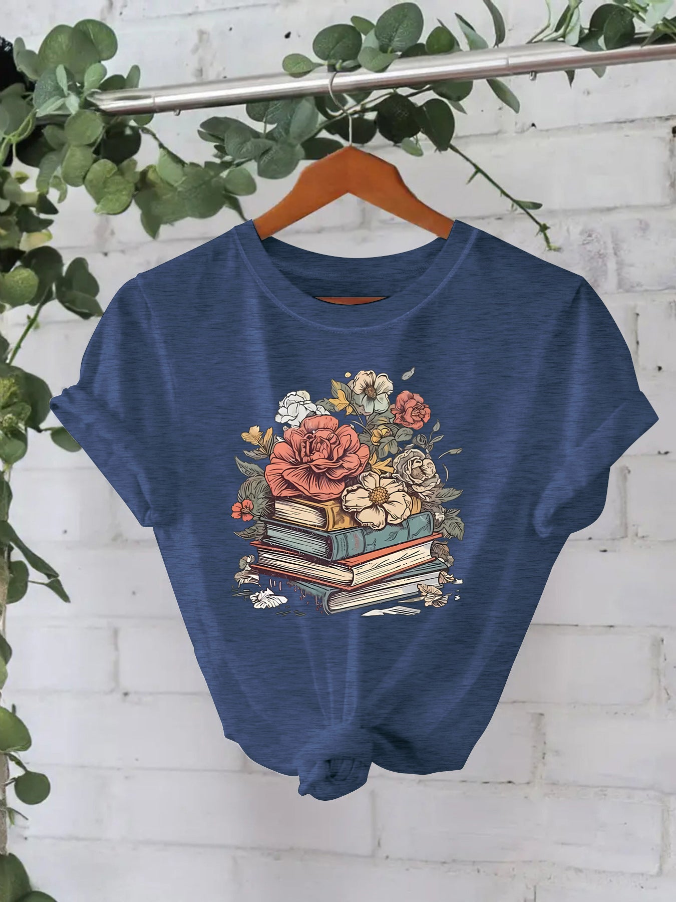 Flower Book New Round Neck Loose Short Sleeve
