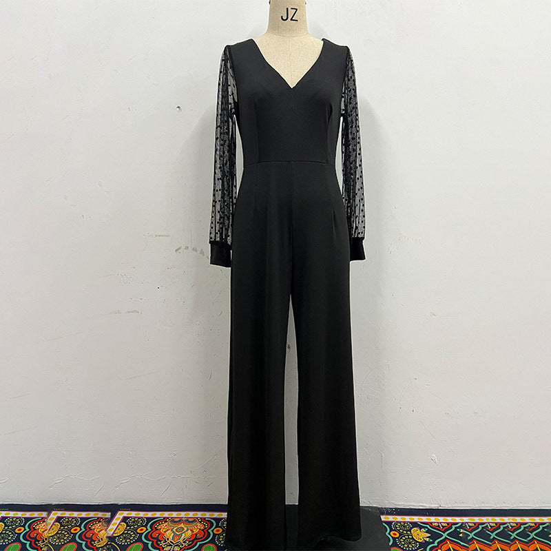 Mesh sleeve V-neck cinched waist slimming jumpsuit