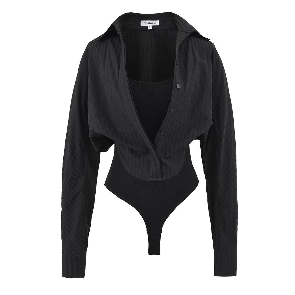 Casual solid color basic style fake two-piece shirt vest jumpsuit