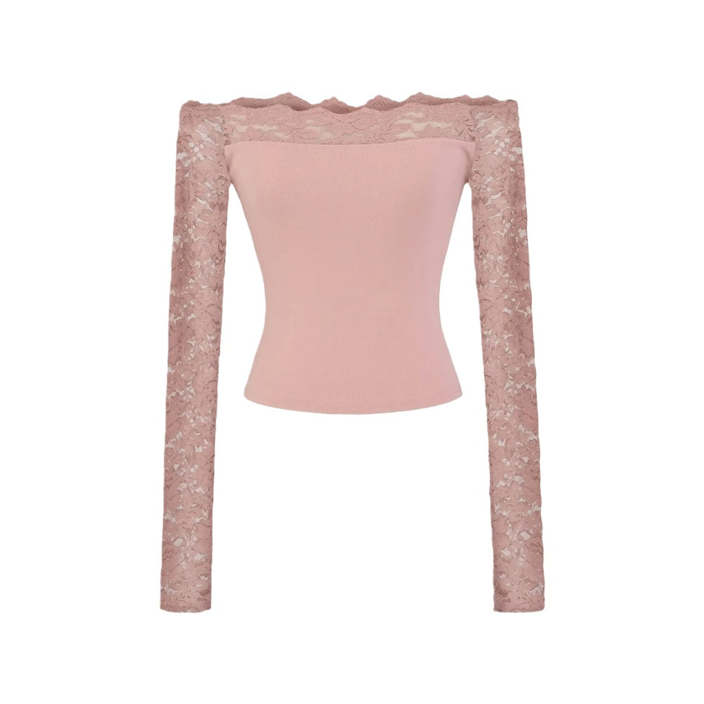 Lace Off-Shoulder Long Sleeve T-Shirt for Women, Sexy Hollow Out Fitted Crop Top, Pure Desire Style, Unique Streetwear Design