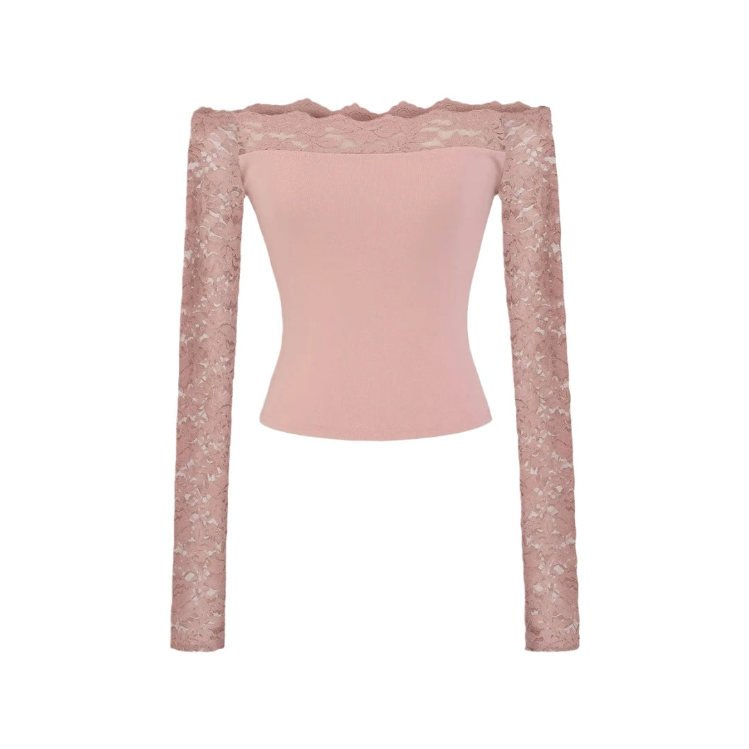 Lace Off-Shoulder Long Sleeve T-Shirt for Women, Sexy Hollow Out Fitted Crop Top, Pure Desire Style, Unique Streetwear Design