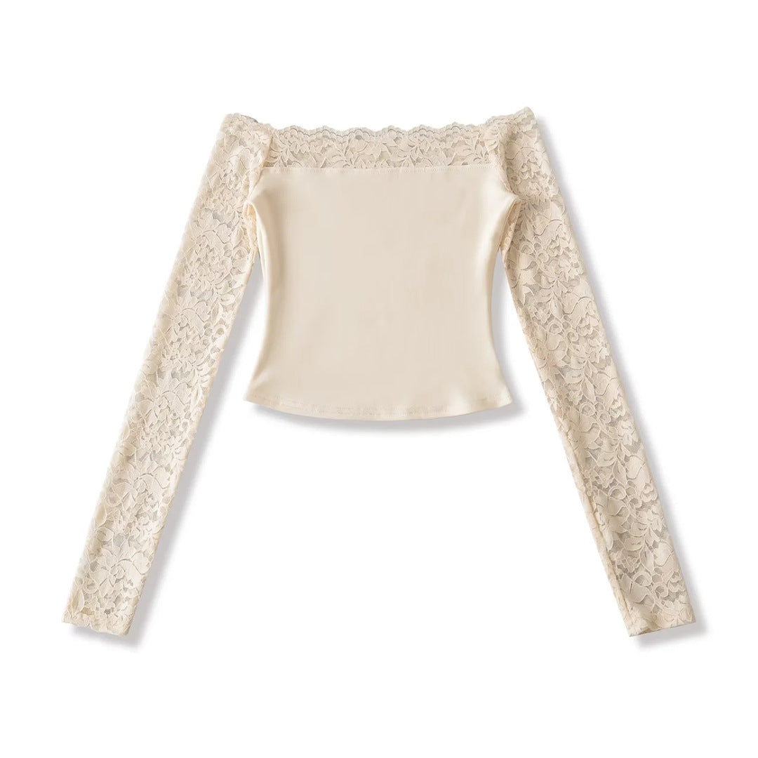 Lace Off-Shoulder Long Sleeve T-Shirt for Women, Sexy Hollow Out Fitted Crop Top, Pure Desire Style, Unique Streetwear Design