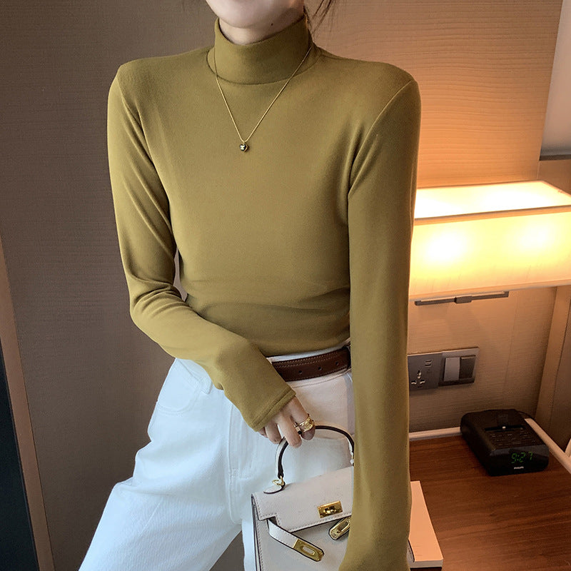 Half high collar and plush thick warm long sleeved top