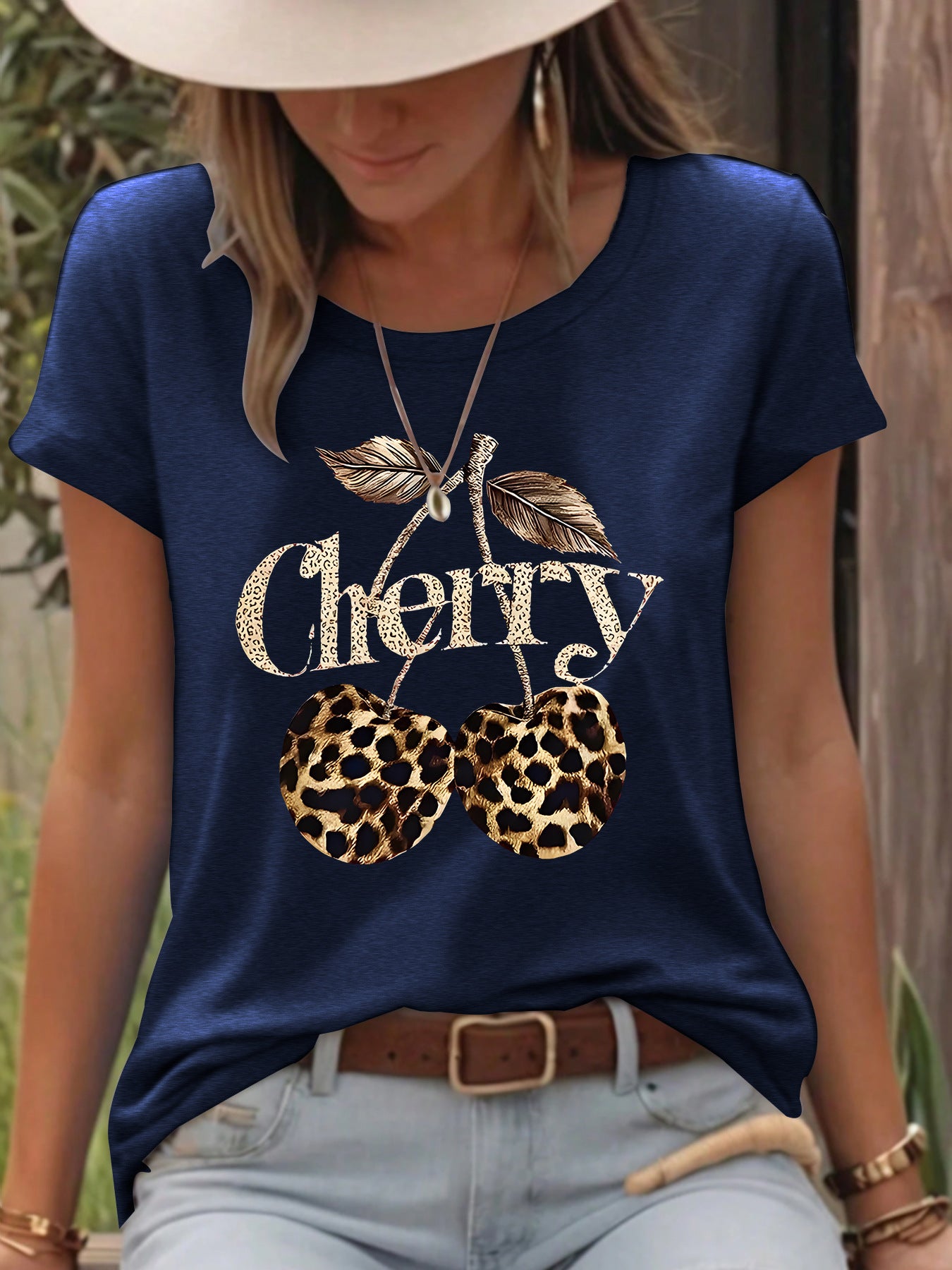 T-shirt short sleeved women's Cherry leopard print cherry round neck