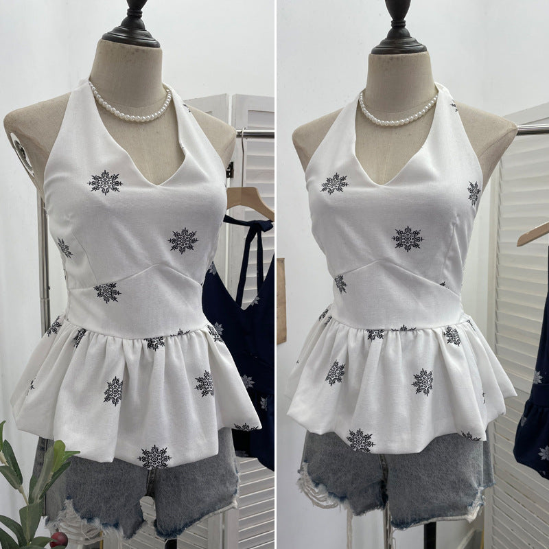 Hanging neck tie backless embroidered sleeveless top