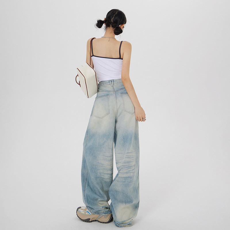 Women's  Loose Wide-Leg Jeans High-Waist Straight Leg Pants with  Frayed Details