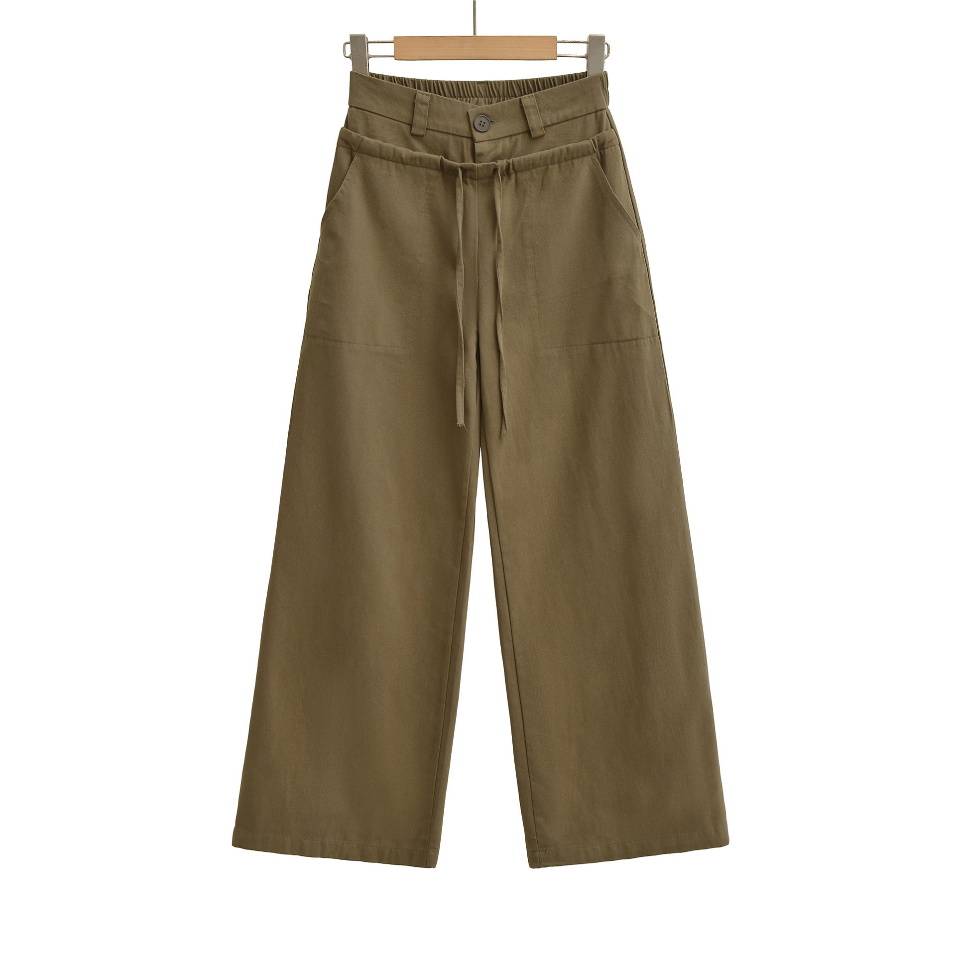 Splicing double waist drawstring elastic washed workwear wide leg pants casual pants