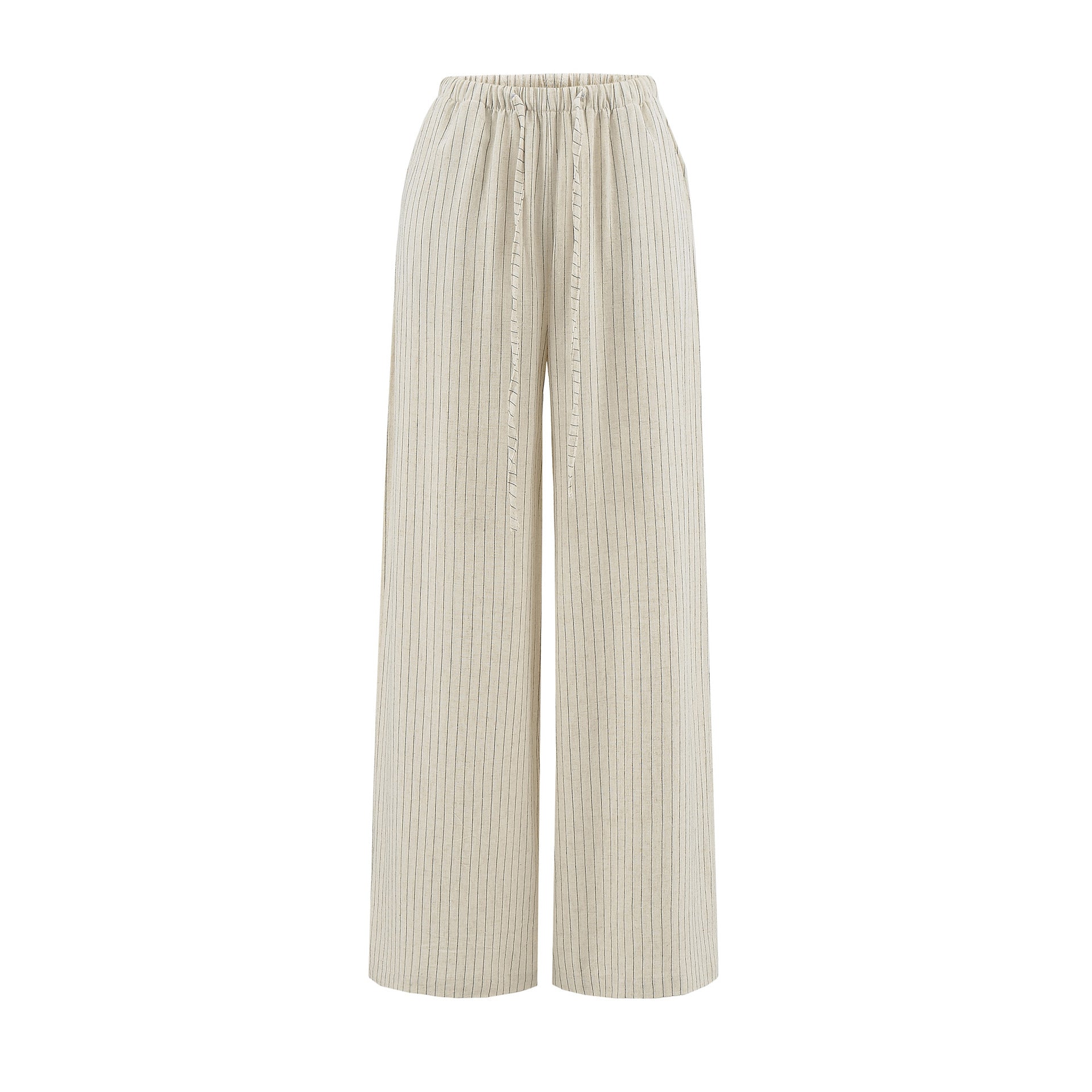 Casual Striped Drawstring Pants for Women Summer Loose Cotton Linen Straight Leg Relaxed Wide Leg Floor-Length Trousers