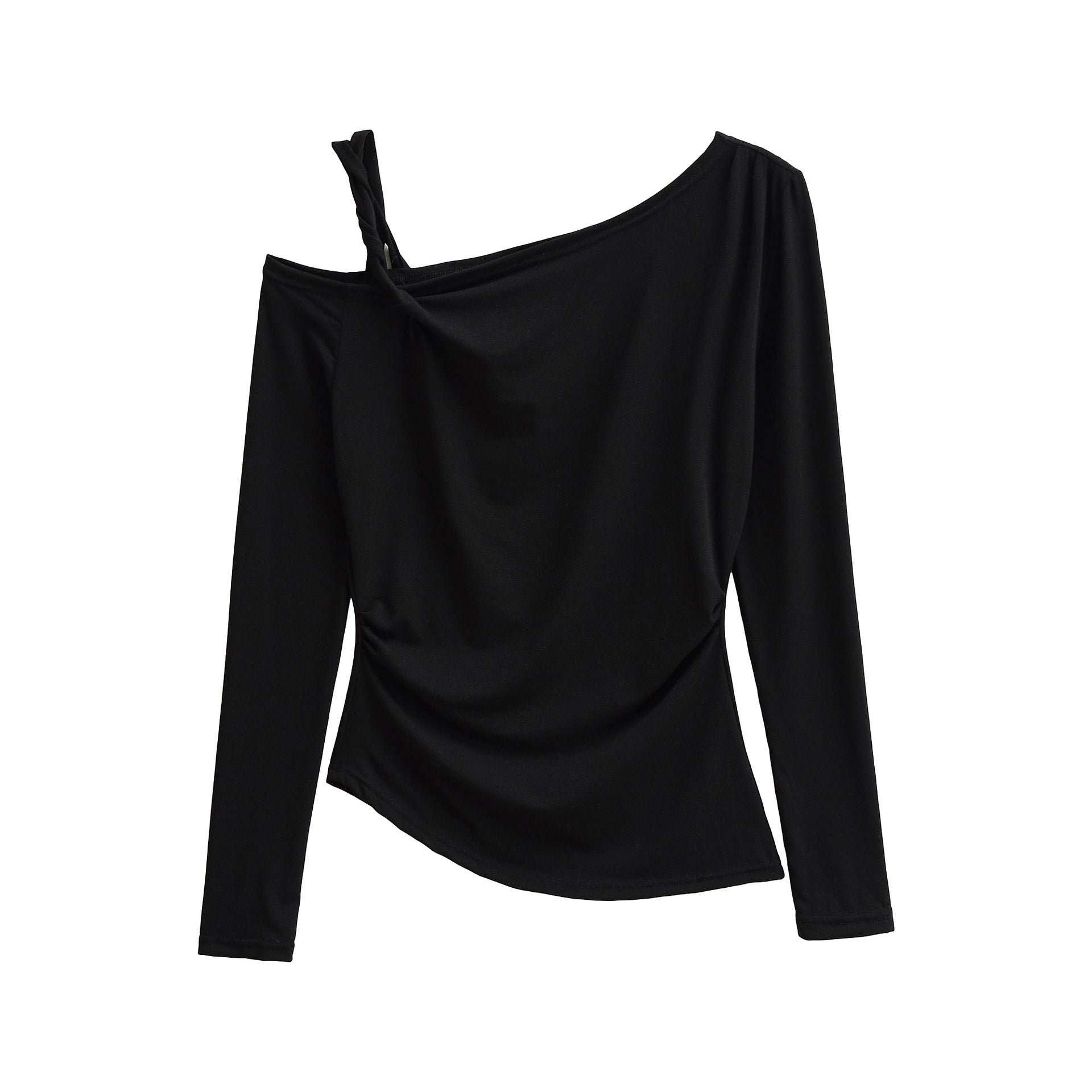 Slant neck twisted off shoulder pleated casual long sleeved base T-shirt