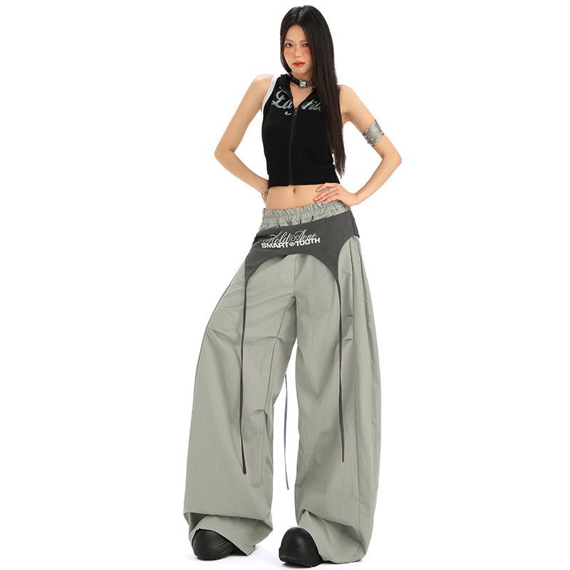 Women's Color-Blocked Tie-Up Oversized Loose Wide-Leg Pants Hip-Hop Quick-Dry Dance Casual Pants