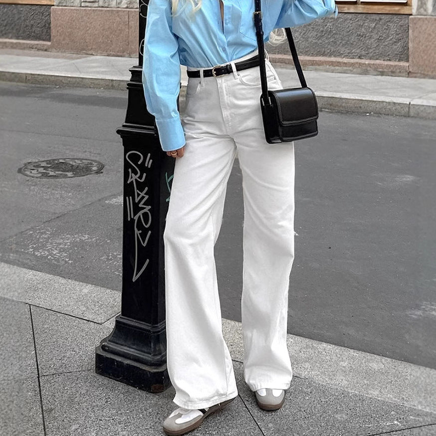 High street white straight tube versatile floor length casual pants