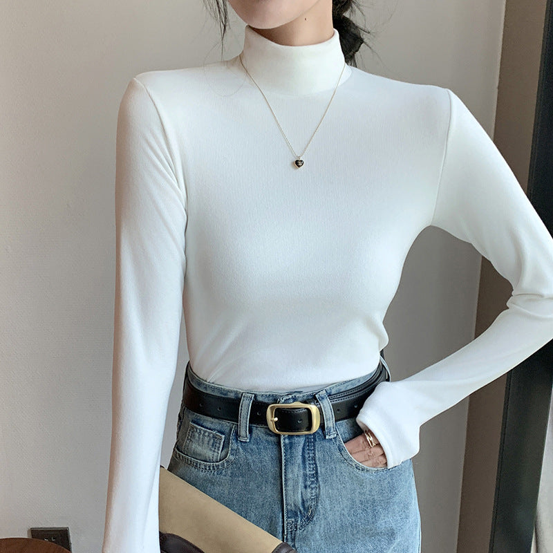 Half high collar and plush thick warm long sleeved top