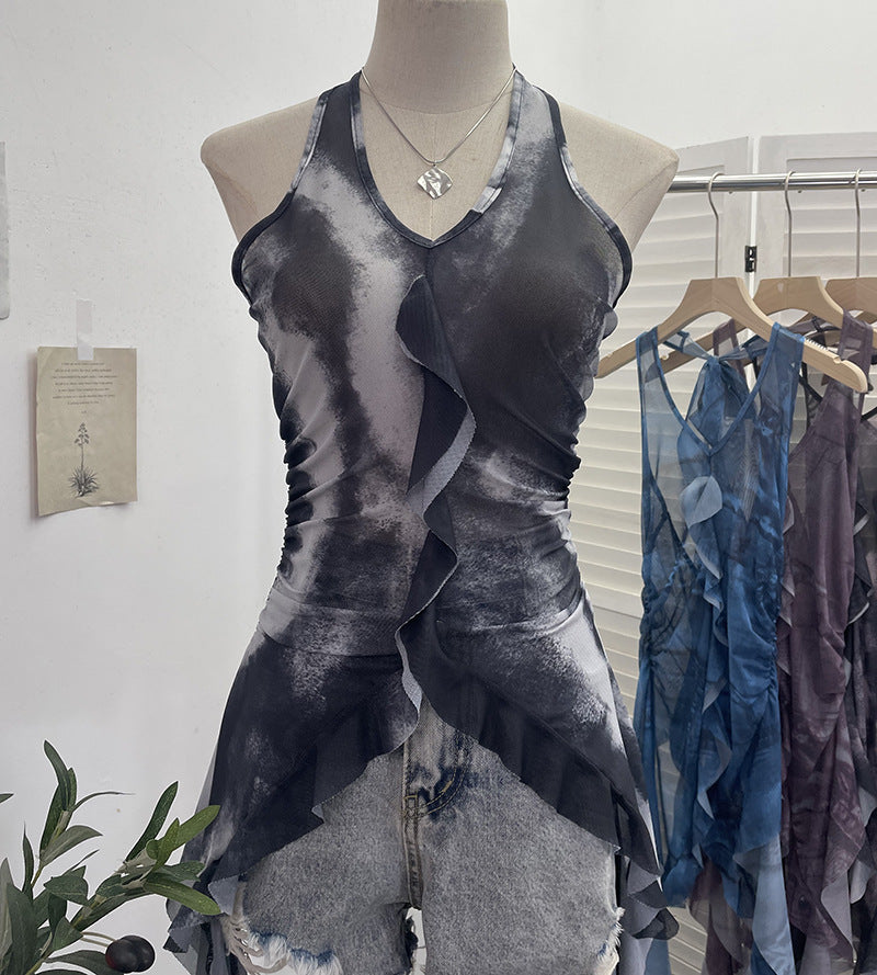 Tie dye neck hanging sleeveless top
