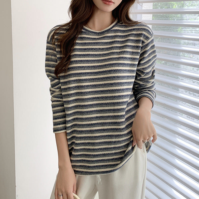 Striped round neck loose T-shirt top