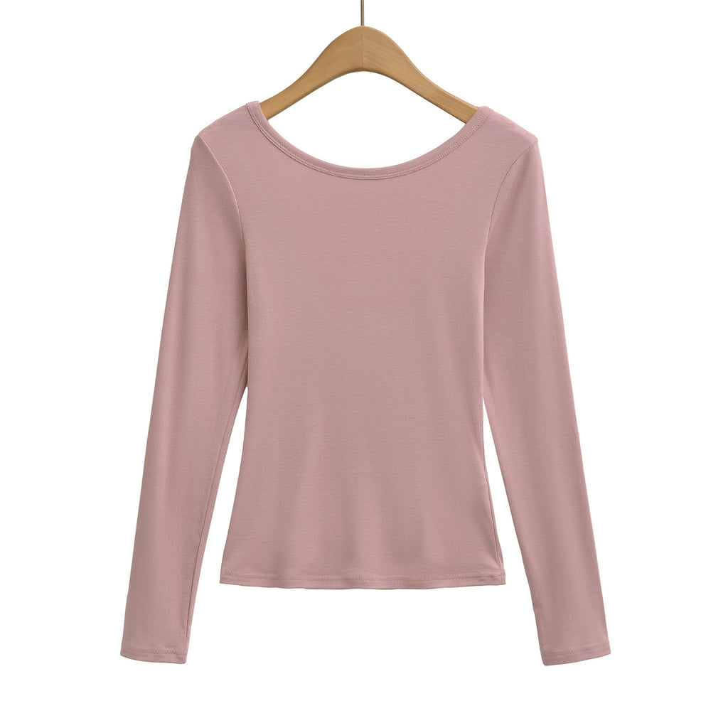 Low neck sexy backless elastic slim fit figure enhancing long sleeved T-shirt