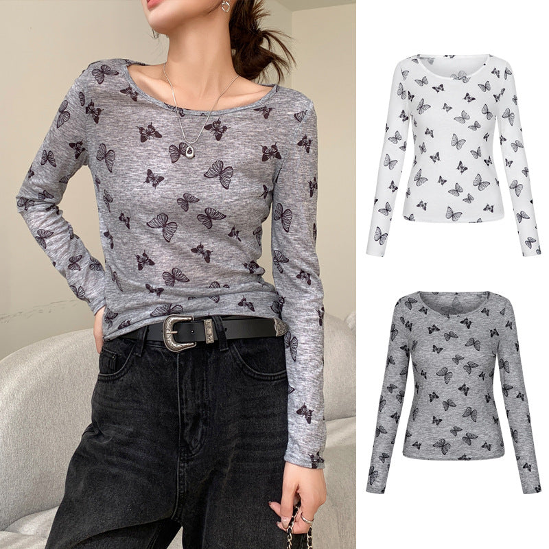 Butterfly print round neck long sleeved shirt