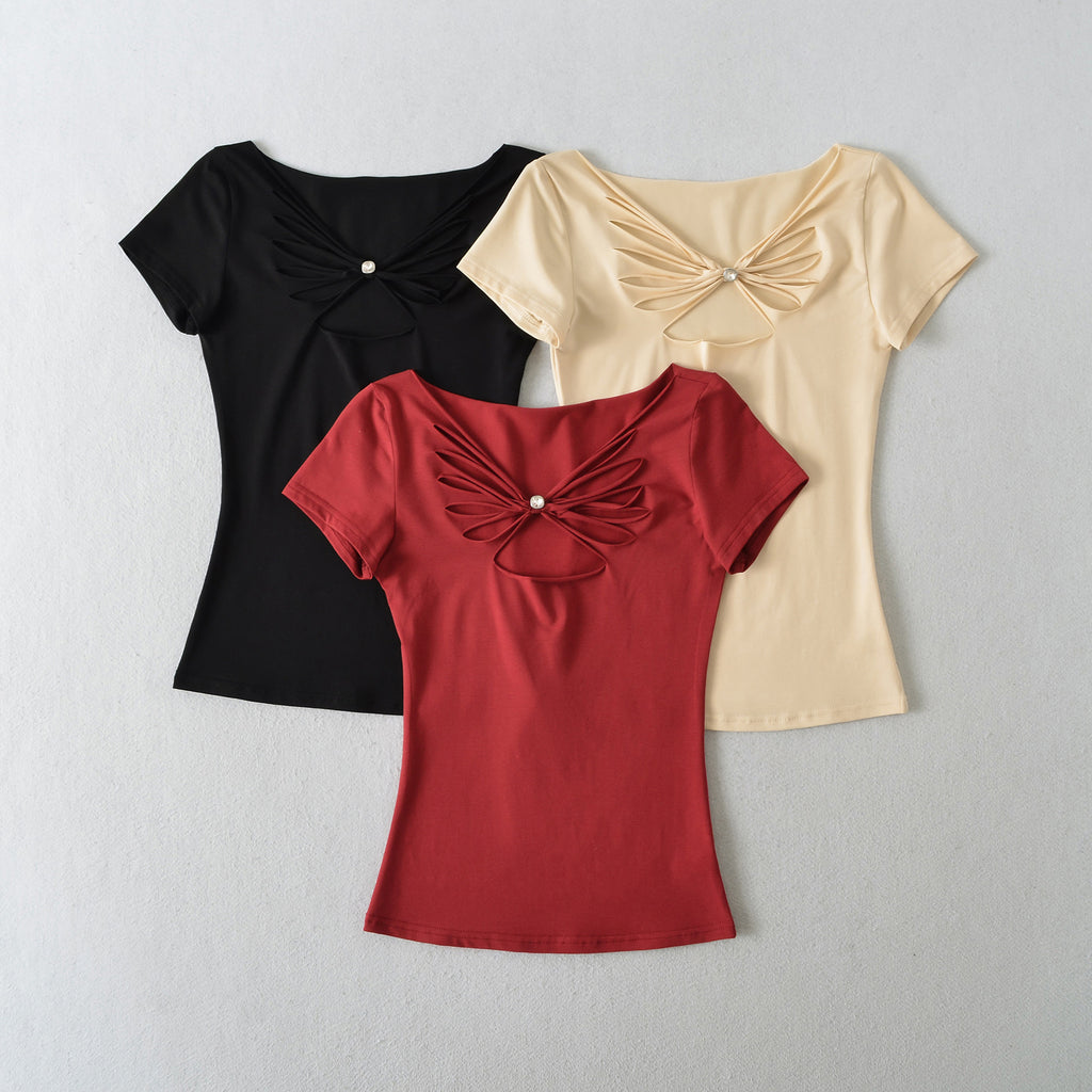 Butterfly hollow V-neck short sleeved T-shirt top