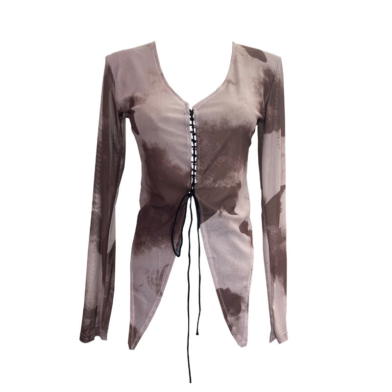 V-neck lace up hollow irregular long sleeved T-shirt top