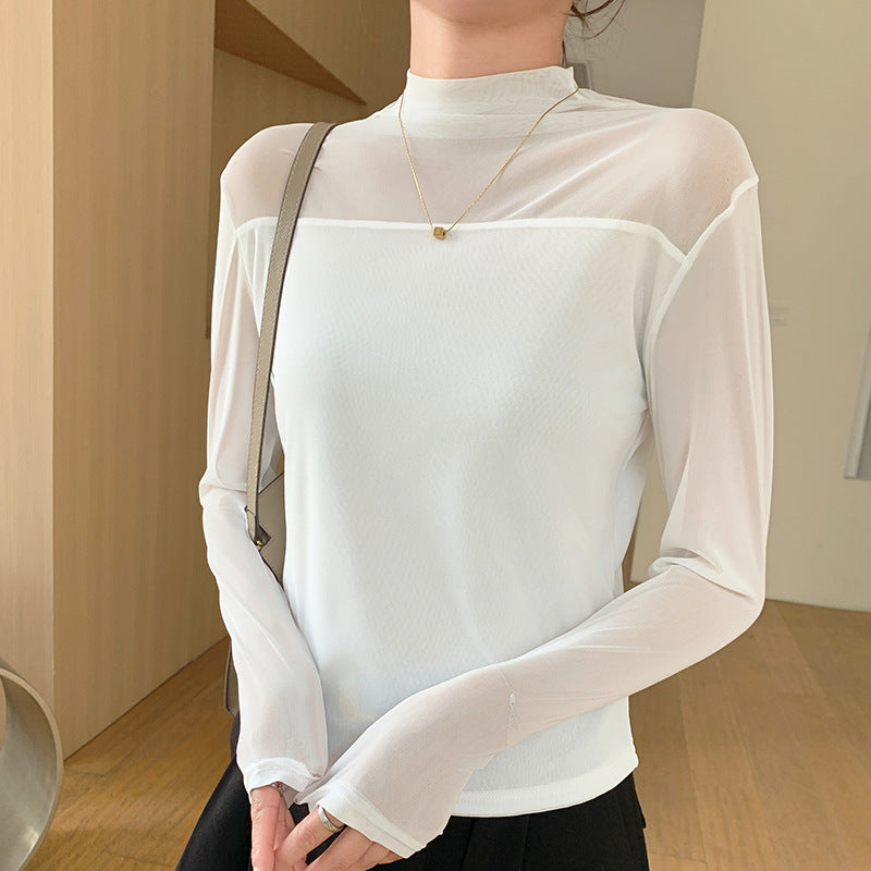 Half high collar lace double layered mesh women's long sleeved t-shirt