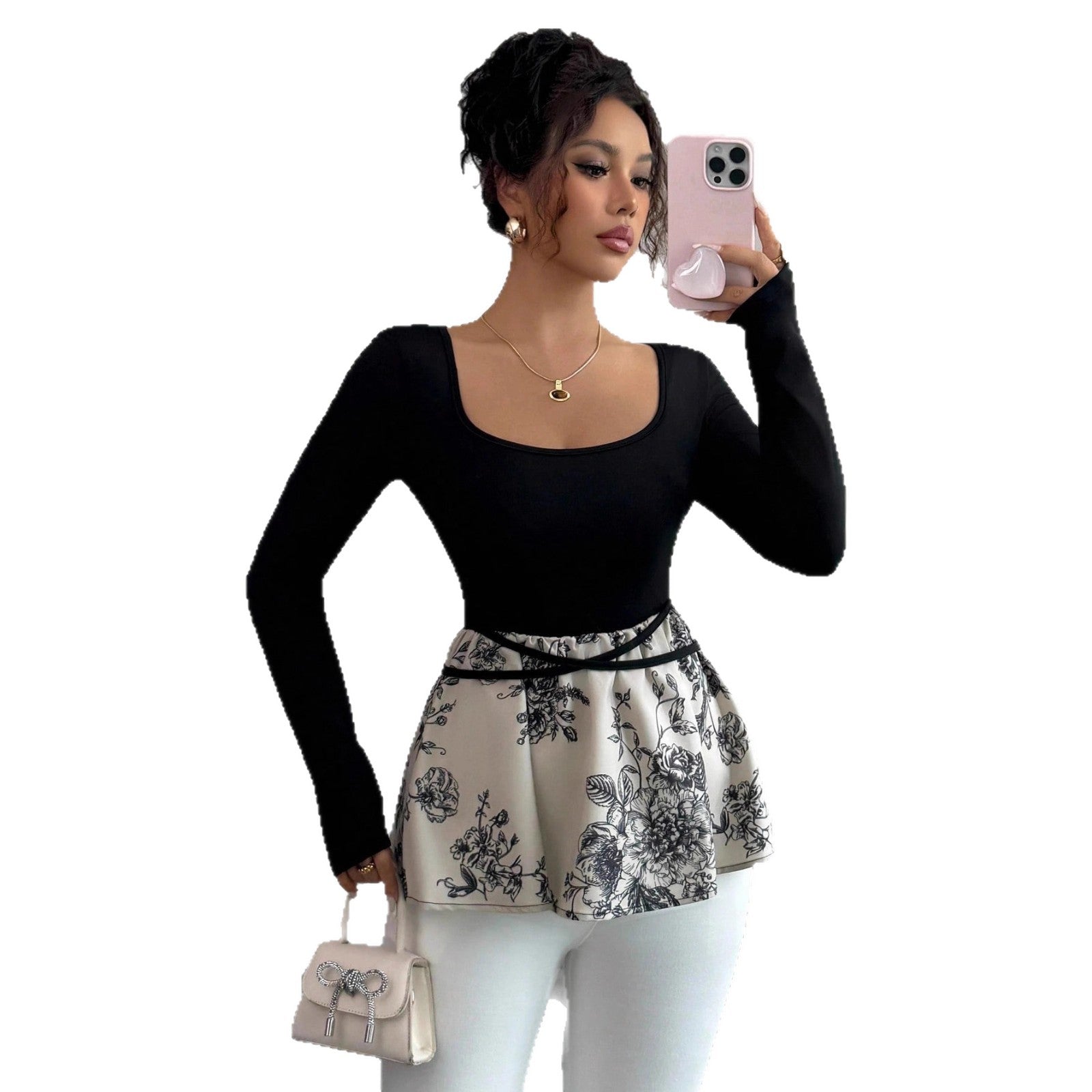 Square collar lace up slim fit top