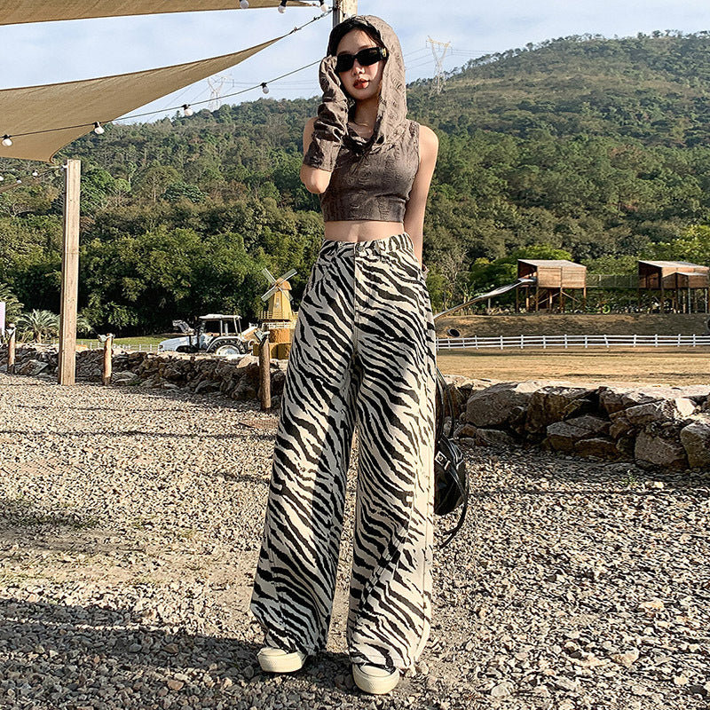 Women's Unique Pattern Straight Jeans Loose Drape Wide Leg Pants