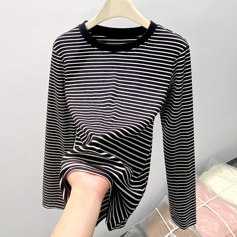 Round neck striped T-shirt long sleeved top for women