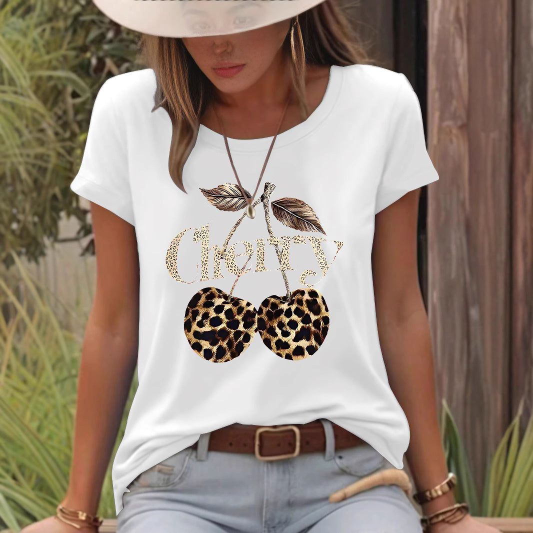 T-shirt short sleeved women's Cherry leopard print cherry round neck