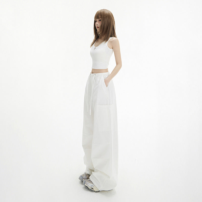 Pants for Women White High Waist Straight Loose Slim Fit Drawstring Casual Pants