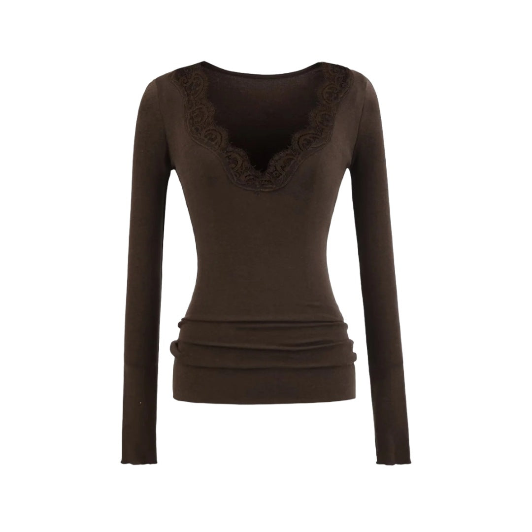 Pure Desire Style Sexy Lace Patchwork V-Neck Long Sleeve T-Shirt for Women  Vintage Fitted Inner Layer Basic Top Solid Color