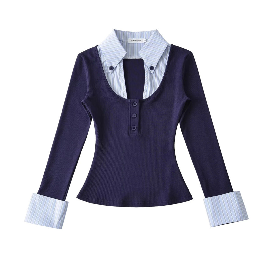 Spring Fake Two-Piece Turn-Down Collar Spliced Stripe Color-Blocking Three-Quarter Sleeve T-Shirt Fitted Waist-In Top