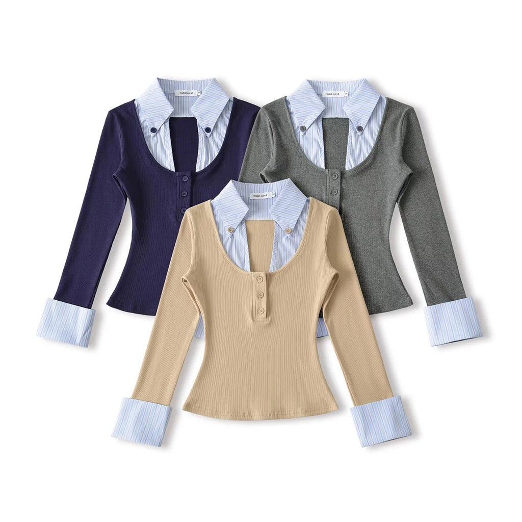 Spring Fake Two-Piece Turn-Down Collar Spliced Stripe Color-Blocking Three-Quarter Sleeve T-Shirt Fitted Waist-In Top