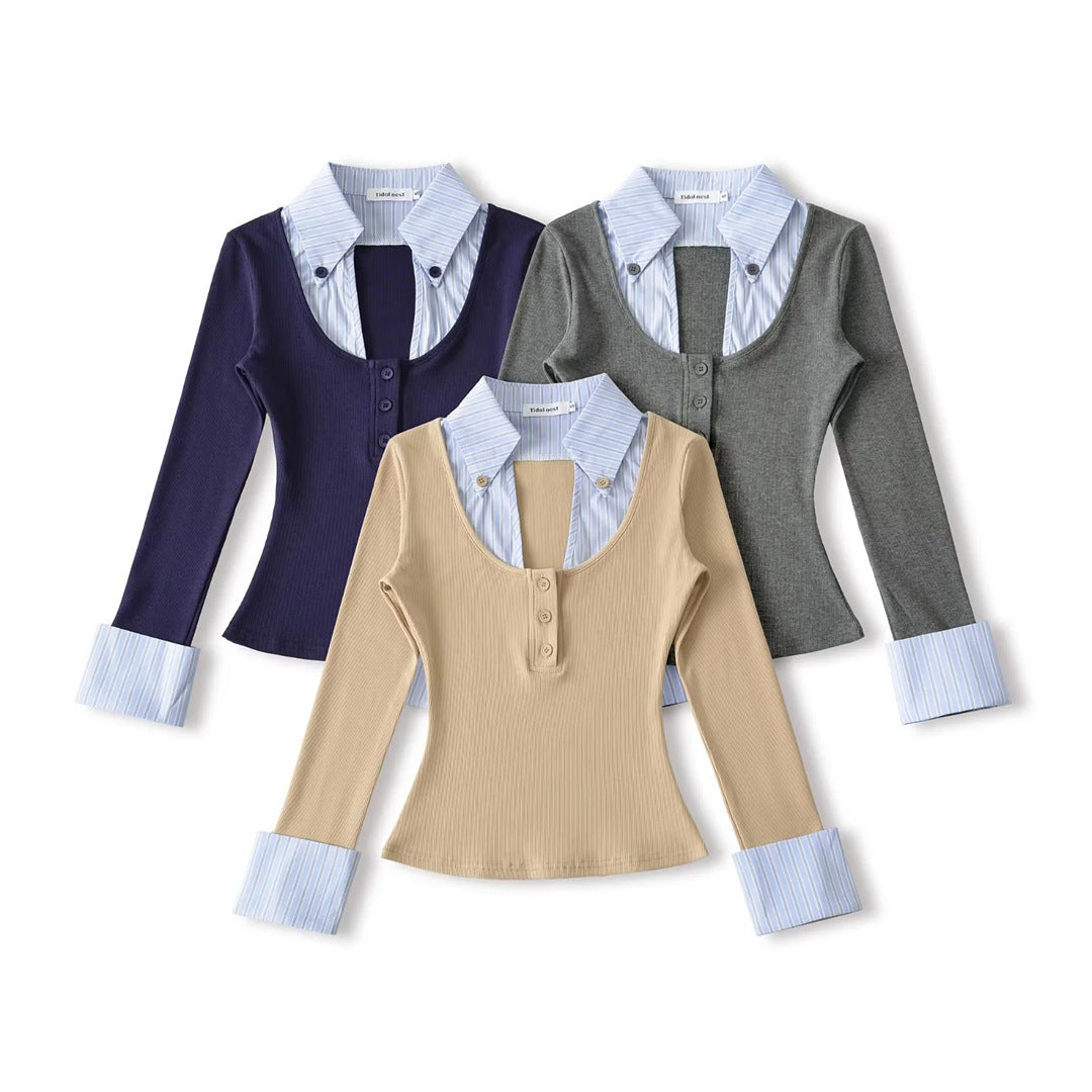 Spring Fake Two-Piece Turn-Down Collar Spliced Stripe Color-Blocking Three-Quarter Sleeve T-Shirt Fitted Waist-In Top