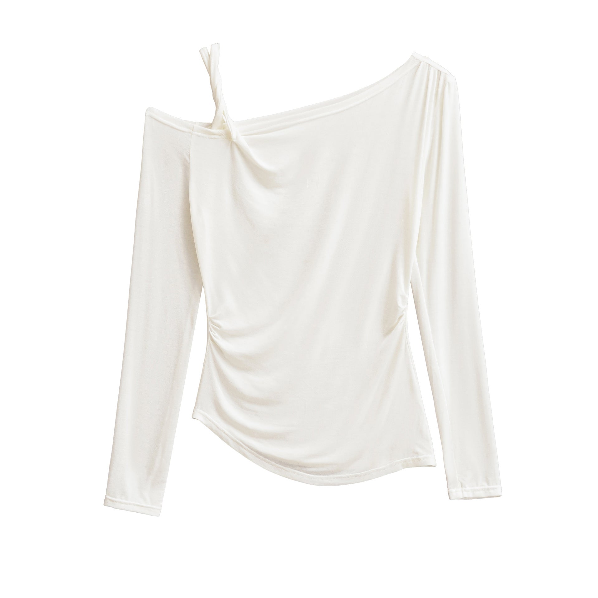 Slant neck twisted off shoulder pleated casual long sleeved base T-shirt