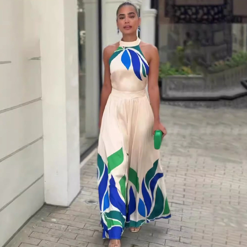 Printed sexy revealing sleeveless flared shorts jumpsuit