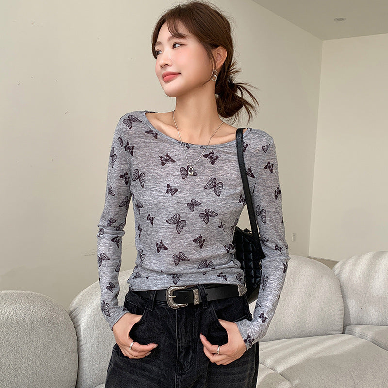 Butterfly print round neck long sleeved shirt