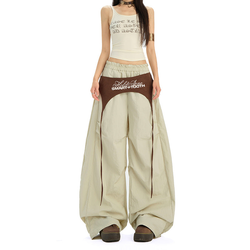 Women's Color-Blocked Tie-Up Oversized Loose Wide-Leg Pants Hip-Hop Quick-Dry Dance Casual Pants