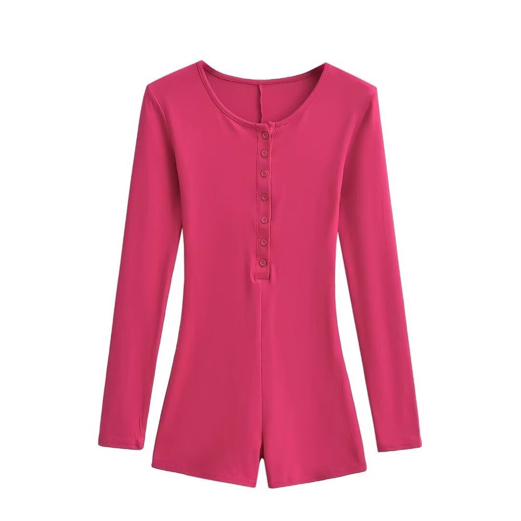Single-breasted round-neck slim-fitting solid-color long-sleeved jumpsuit