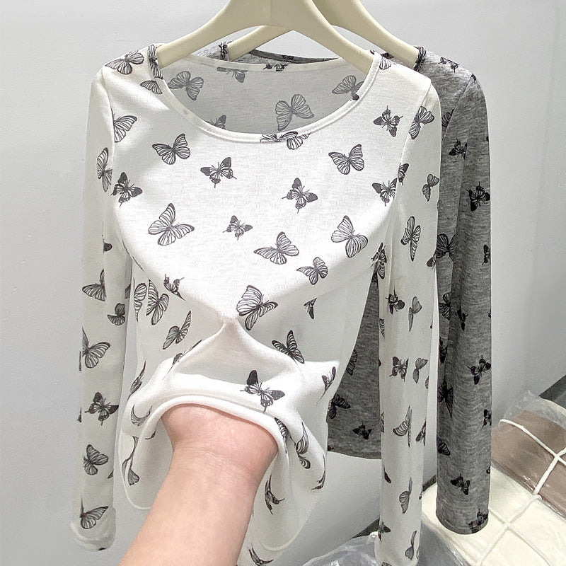 Butterfly print round neck long sleeved shirt