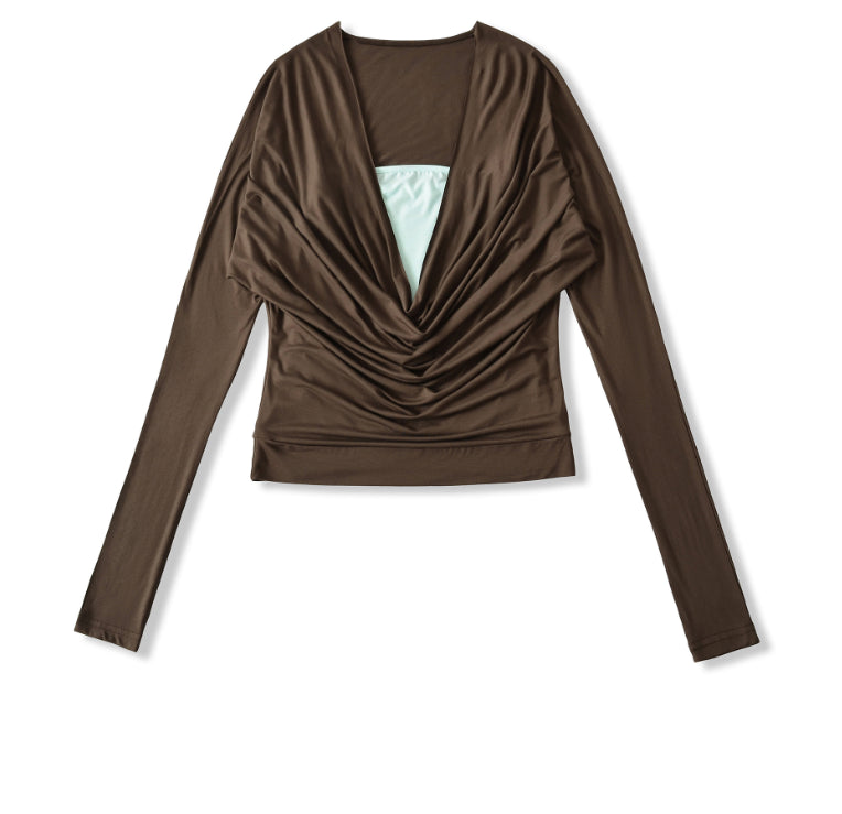 Swing collar contrasting fake two piece long sleeved top