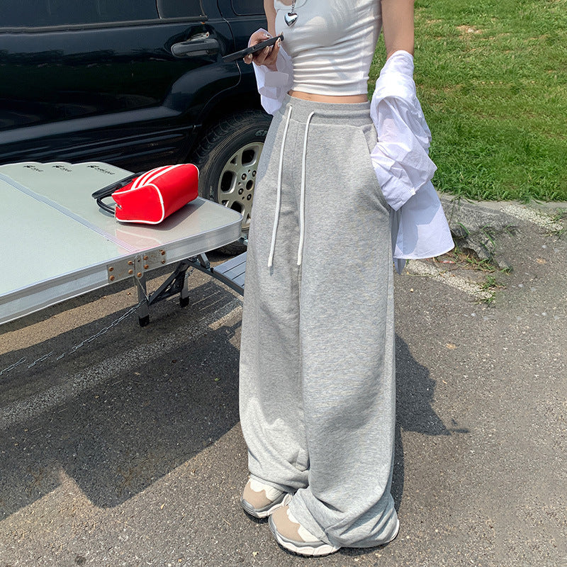 Women's Loose Wide-Leg Pants with Drawstring Elastic Waist Straight Casual Trousers