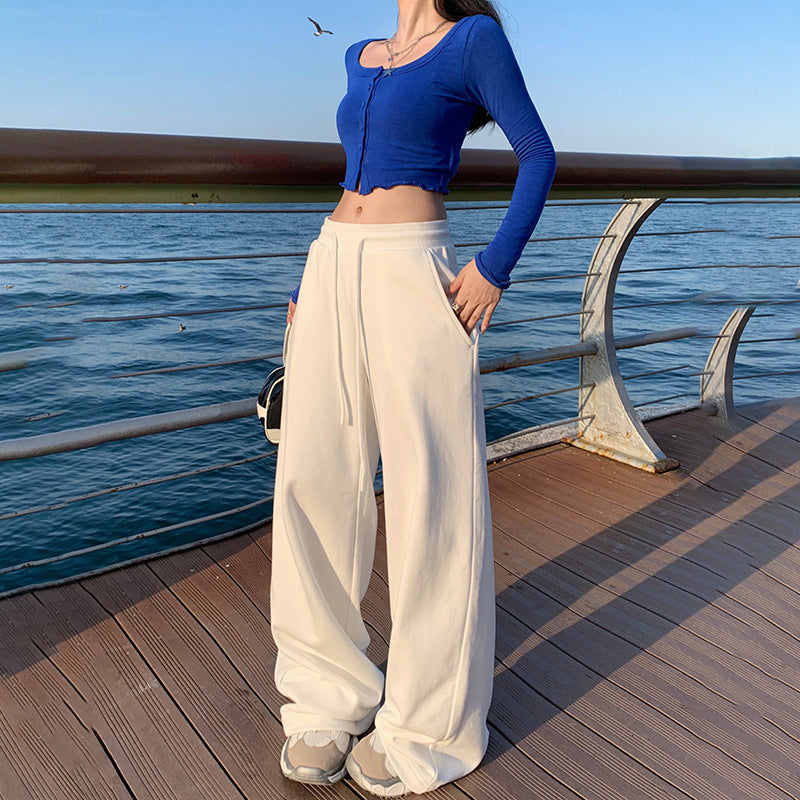 Women's Loose Wide-Leg Pants with Drawstring Elastic Waist Straight Casual Trousers