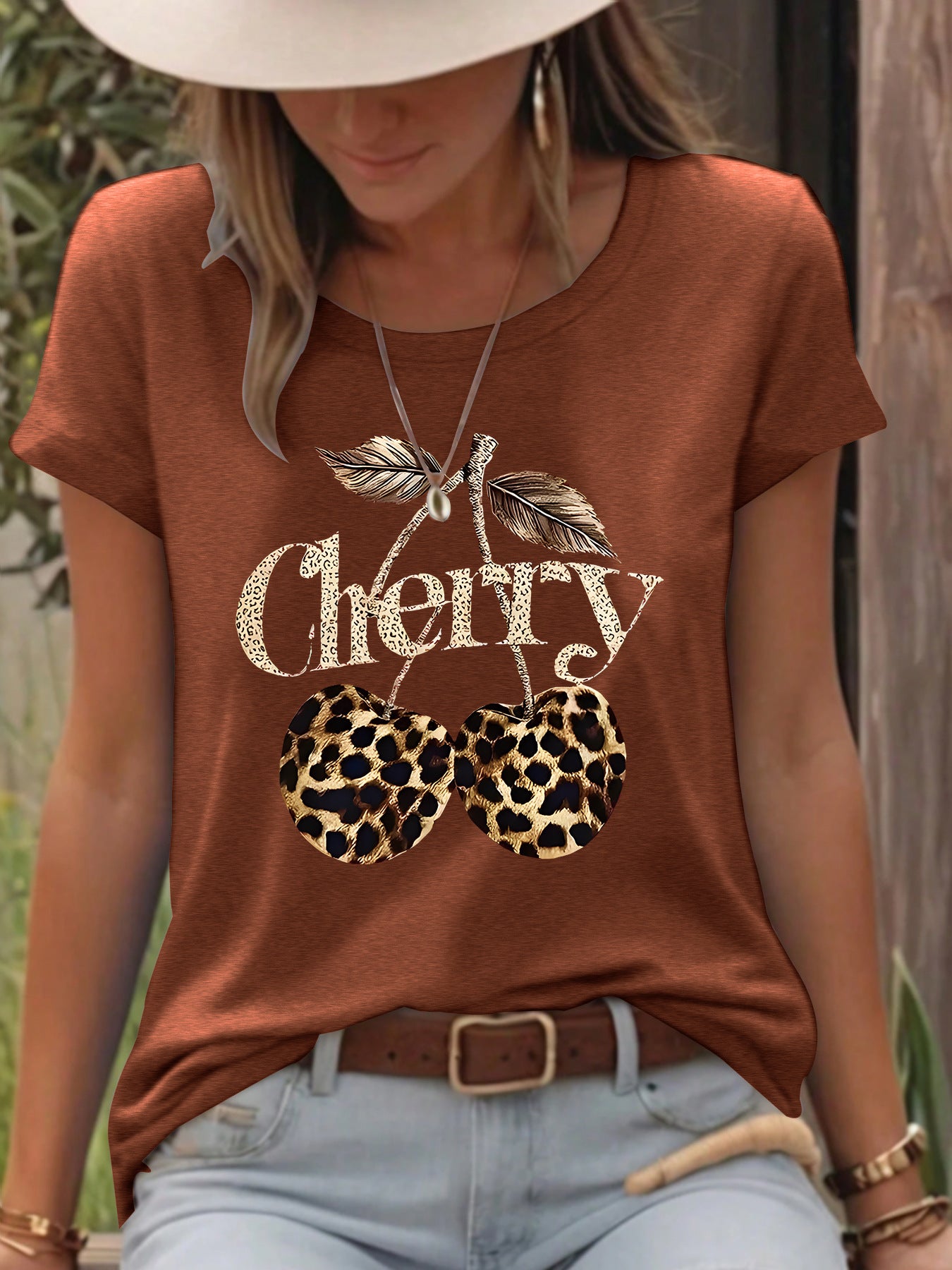 T-shirt short sleeved women's Cherry leopard print cherry round neck