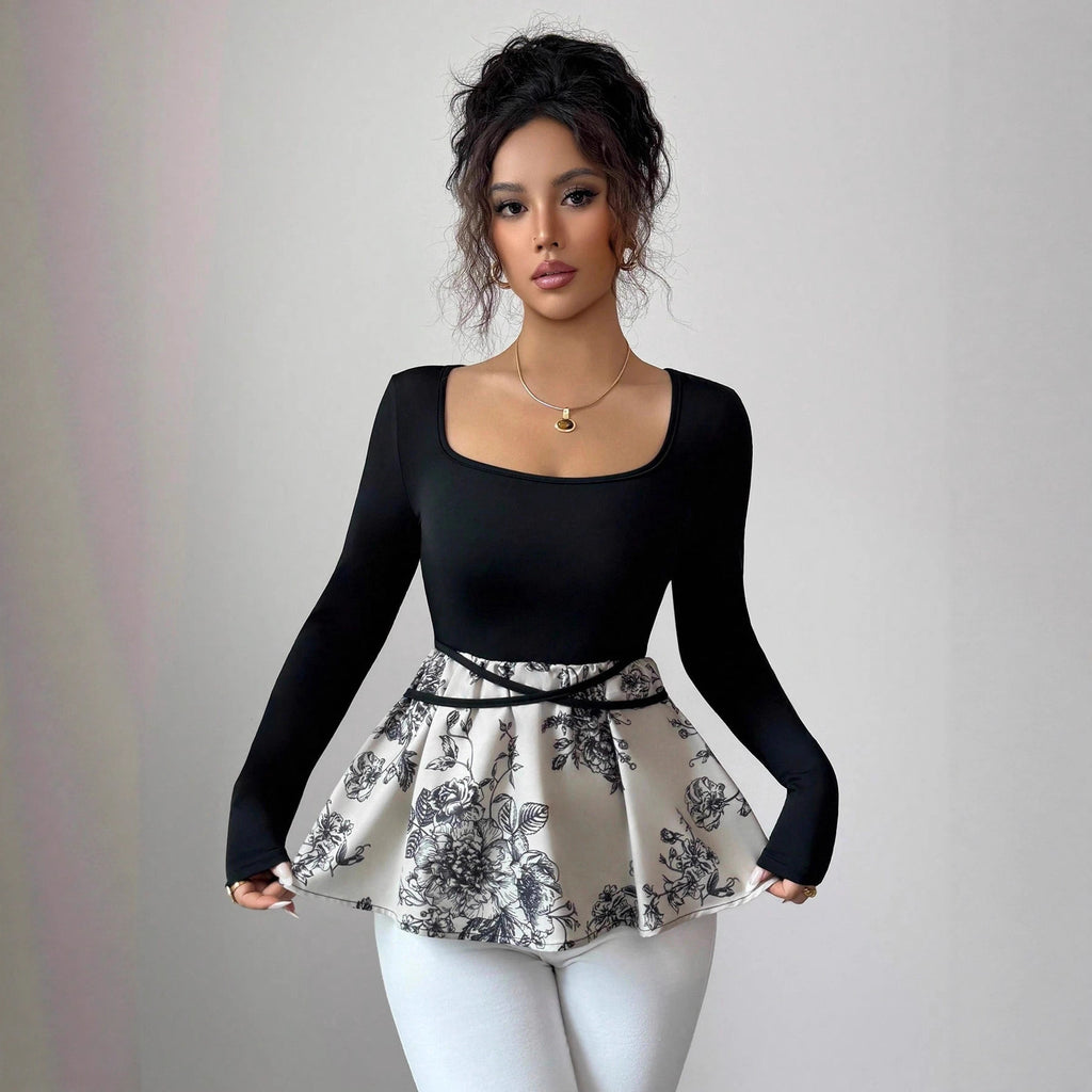 Square collar lace up slim fit top