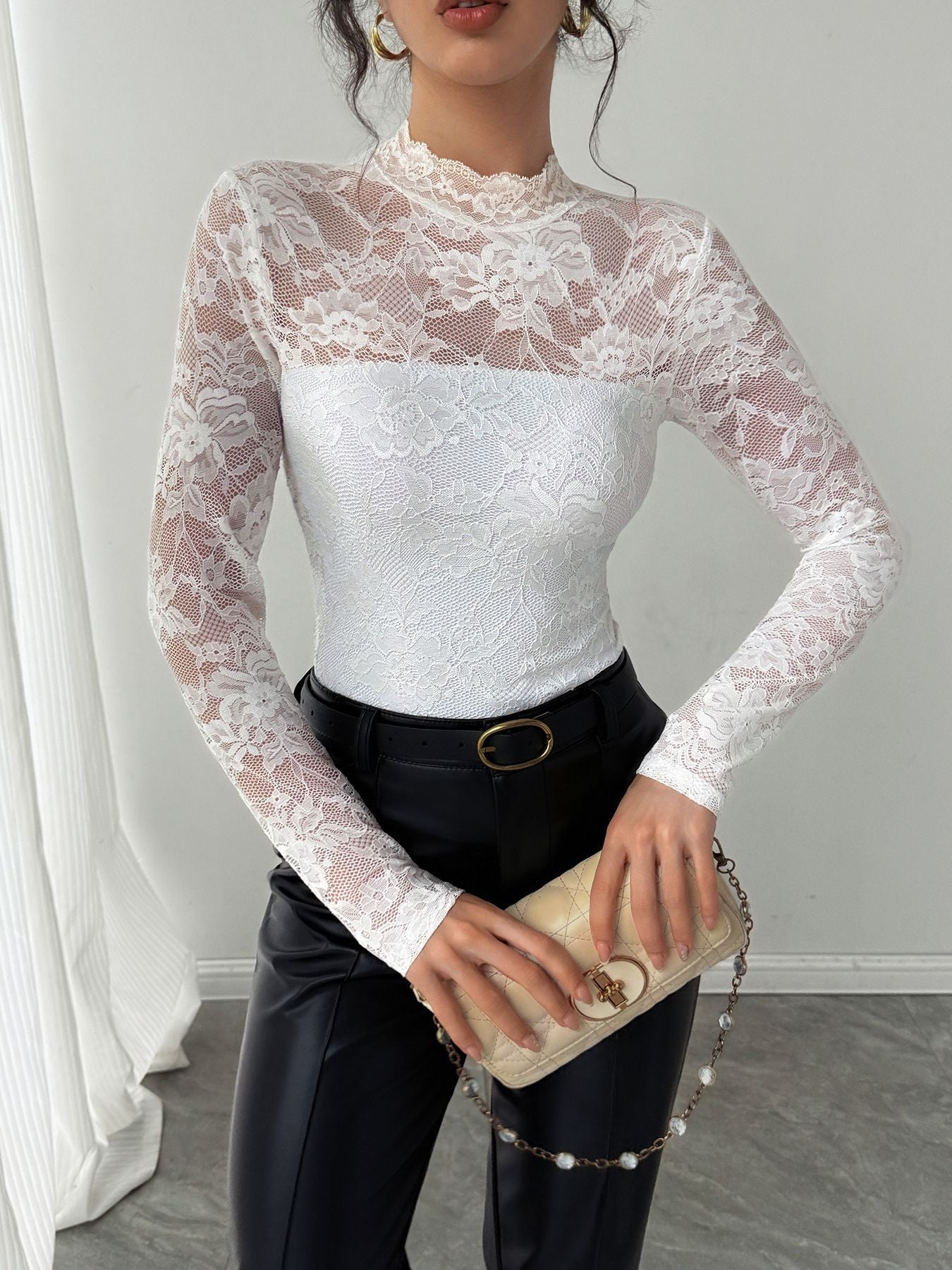 Lace patchwork back zipper long sleeved slim fit top for women