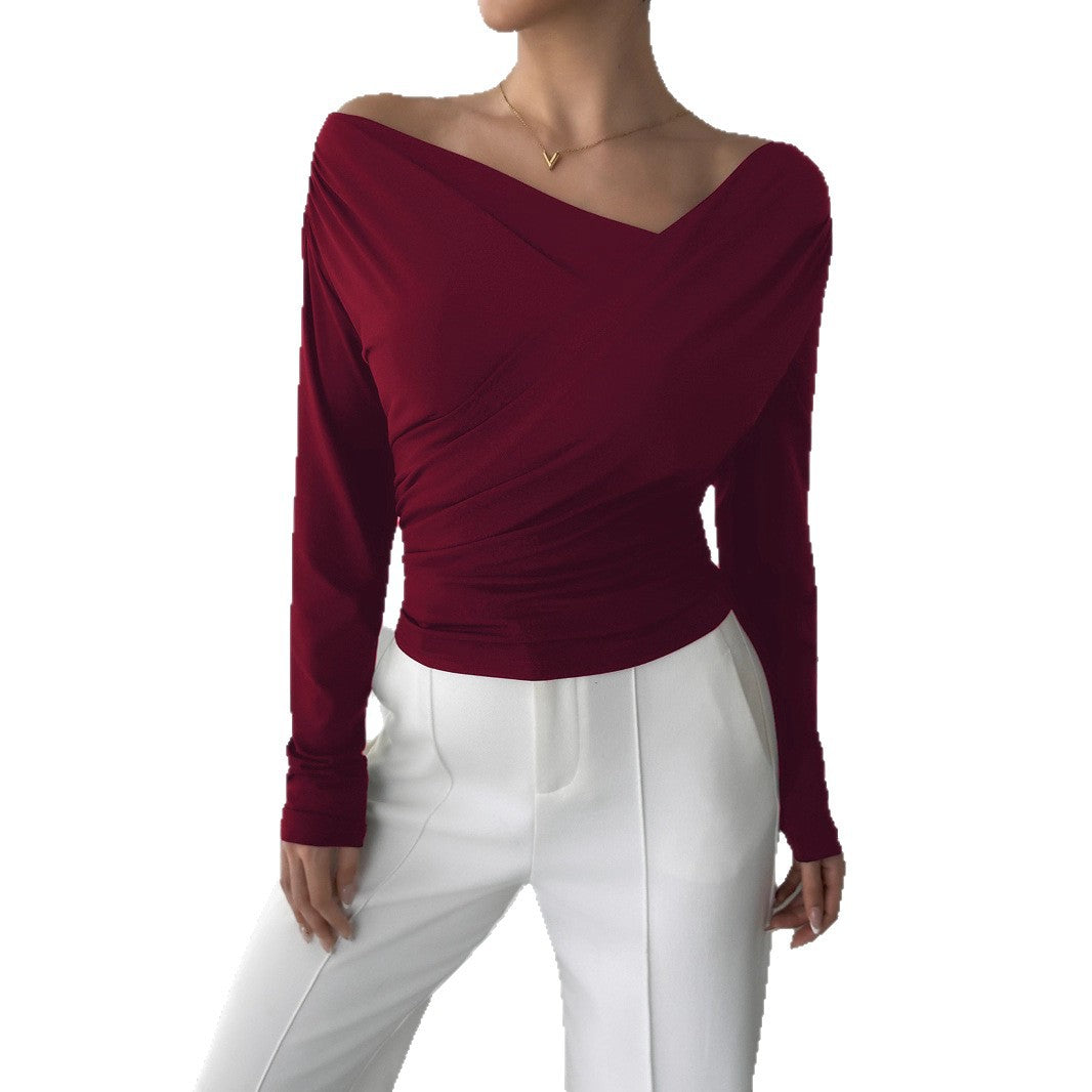 Solid color slanted shoulder collar off shoulder long sleeved shirt