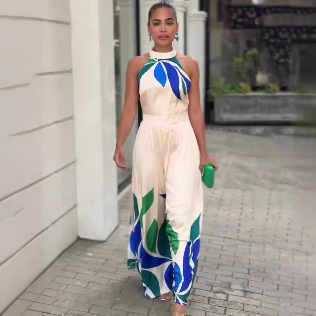 Printed sexy revealing sleeveless flared shorts jumpsuit