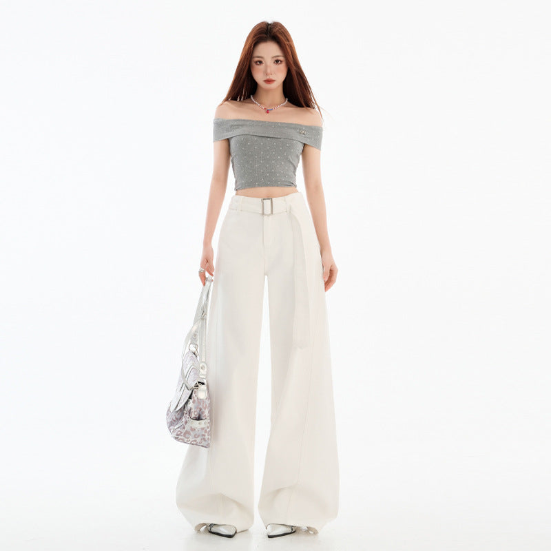 White Wide-Leg Knife-Edge Denim Pants for Women Loose Fit