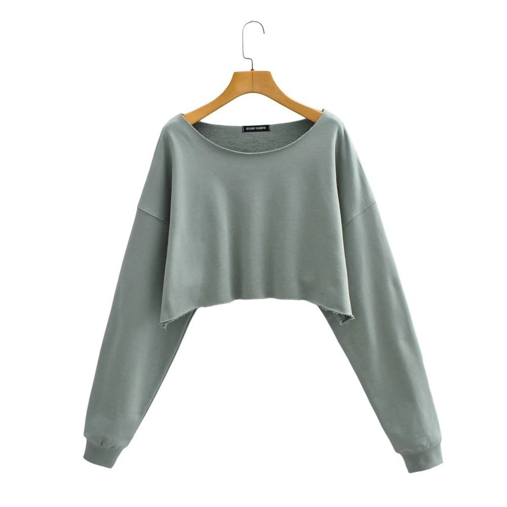 Solid color rolled edge long sleeved casual loose sweatshirt long sleeved short cut round neck sweatshirt